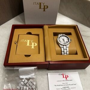 NWT LUCIEN PICCARD White Ceramic Stainless Steel Quartz Watch w/Box ORIG $695